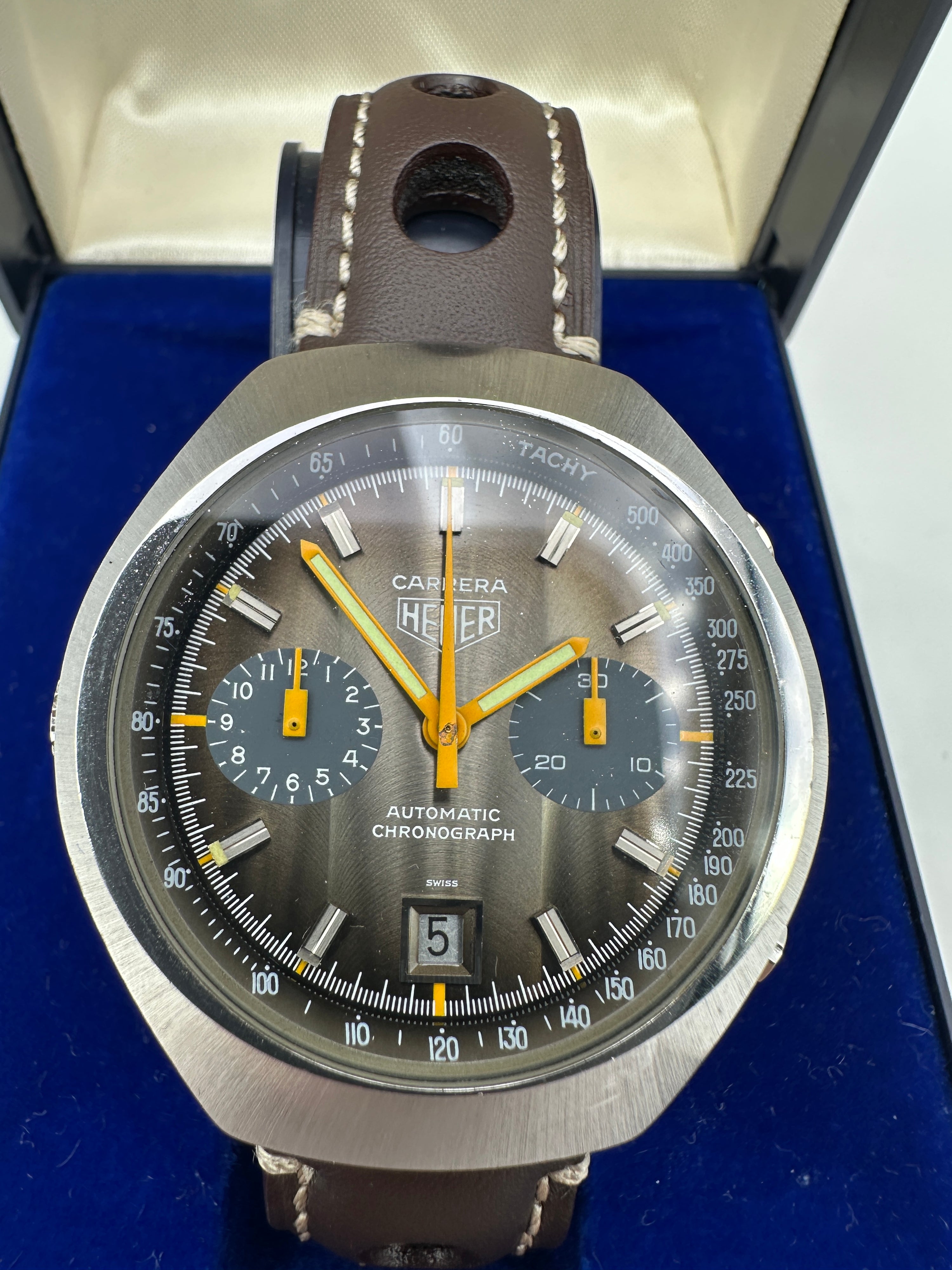 Heuer Carrera - Automatico Cronografo Vintage Fume - 1970s - Con Scatola