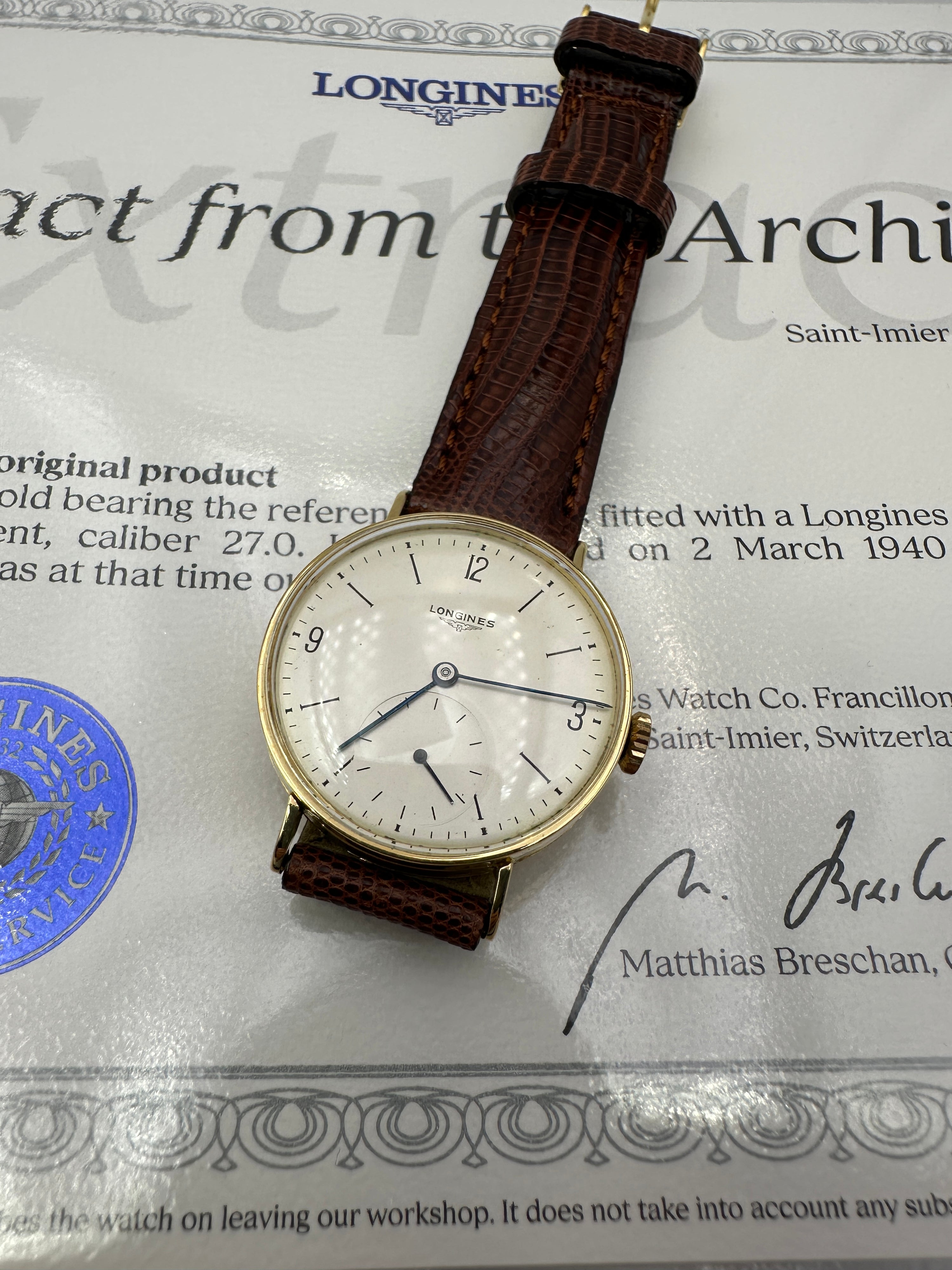 1940 Longines - 4178 Oro 18K Calibro 27.0 + Estratto Archivio Originale